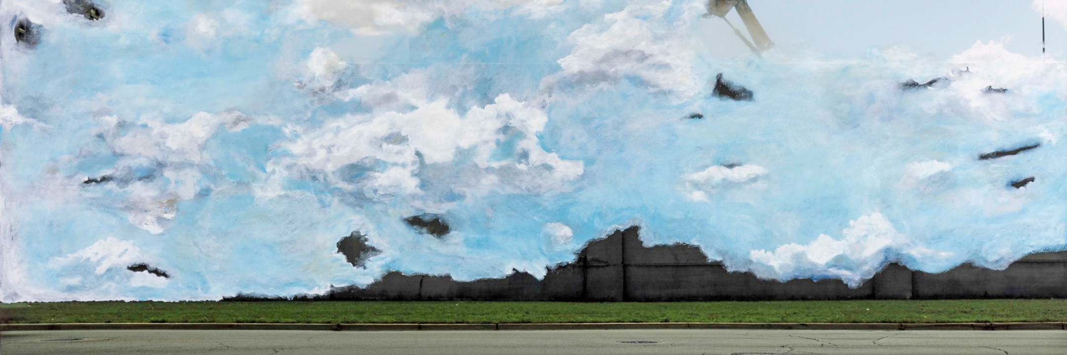 A blue sky and clouds initially looks peaceful, but small details of detriment appear in the sky, looking ominious. The painting appears to be of the sky, but at the bottom, a street, grass, and prison appear from behind the clouds.