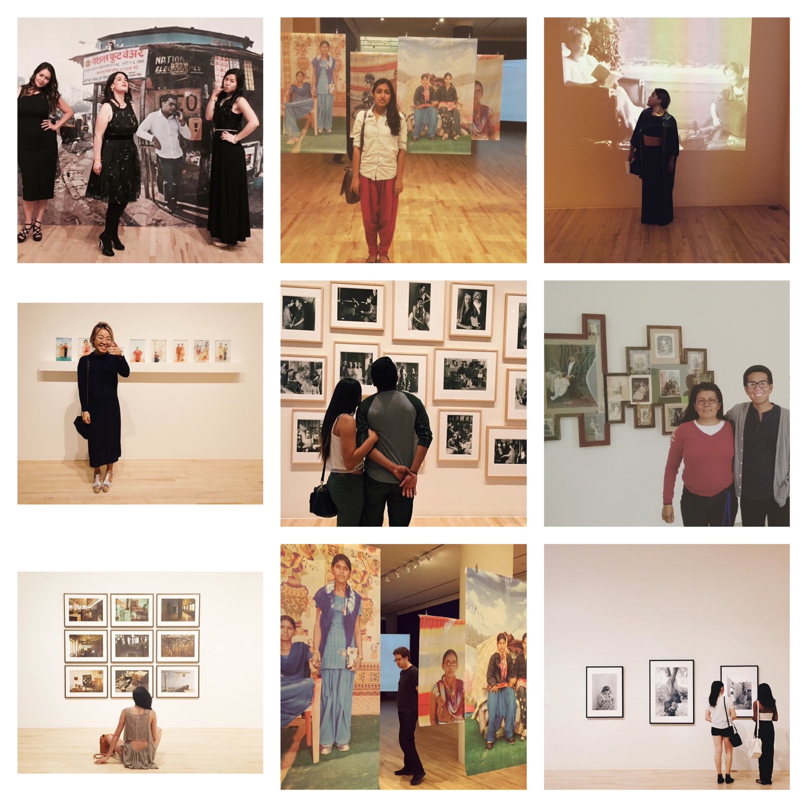 Nine-photo collage of museum visitors engaging with art installations and framed photography in a gallery space.