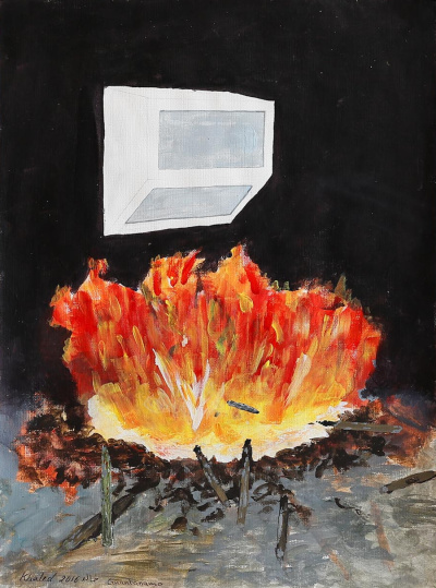 The painting shows a large fire in the bottom half of the painting, with scattered tree branches and wood around it on a dark ground. The fire burns below a boxy air conditioner that emerges out of a completely black wall. 