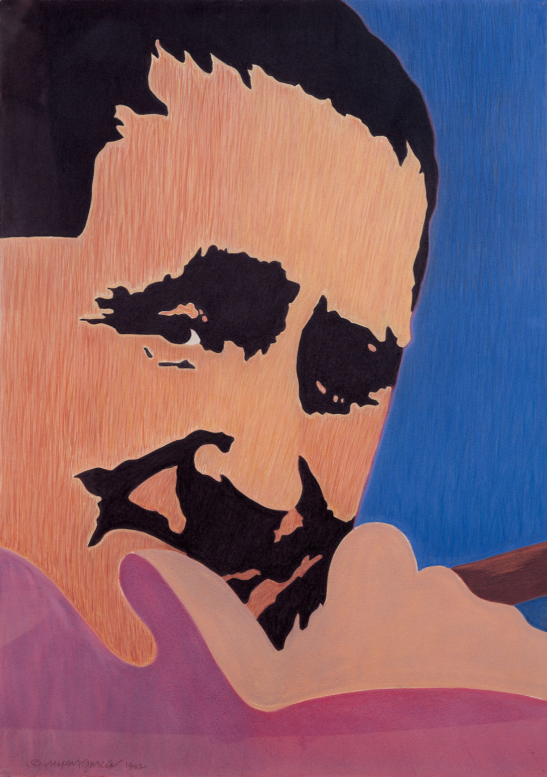 Pensive portrait of the German playwright and poet. Turned toward the viewer, Brecht is holding a cigar, thumb to his chin. The details of his hair, bushy brows, and shadows around his nose and mouth are formed with stark black.