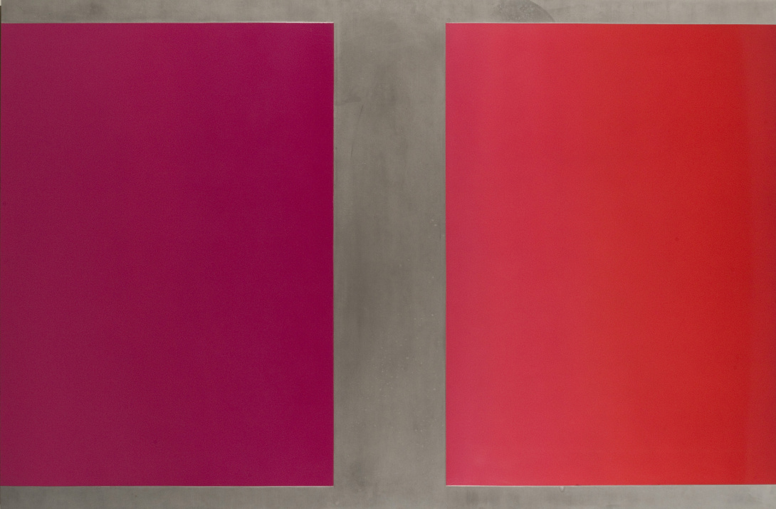 Two vertical rectangles, separated and framed by a slate grey background. The rectangle on the left is a deep maroon. The rectangle on the right is a vibrant gradient—going from a bright, warm pink on the left to a deep red on the right.
