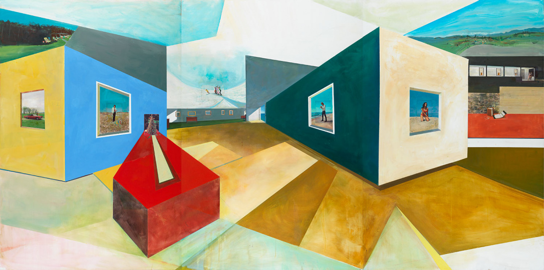 A colorful painting in 2 dimensional form of a museum. There are several paintings that appear to be built into very colorful walls and the galleries are very angular. Steps appear to go nowhere. Mountains can be seen in the distance.