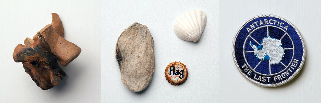 Three images of found objects are adjacent to each other: a small piece of an old decayed bone; grey-brown gravel, a rusty bottlecap with the word “flag,” and a white shel; a circular blue patch with “ANTARCTICA” on top, a map in the middle, and “THE LAST FRONTIER” on the bottom.