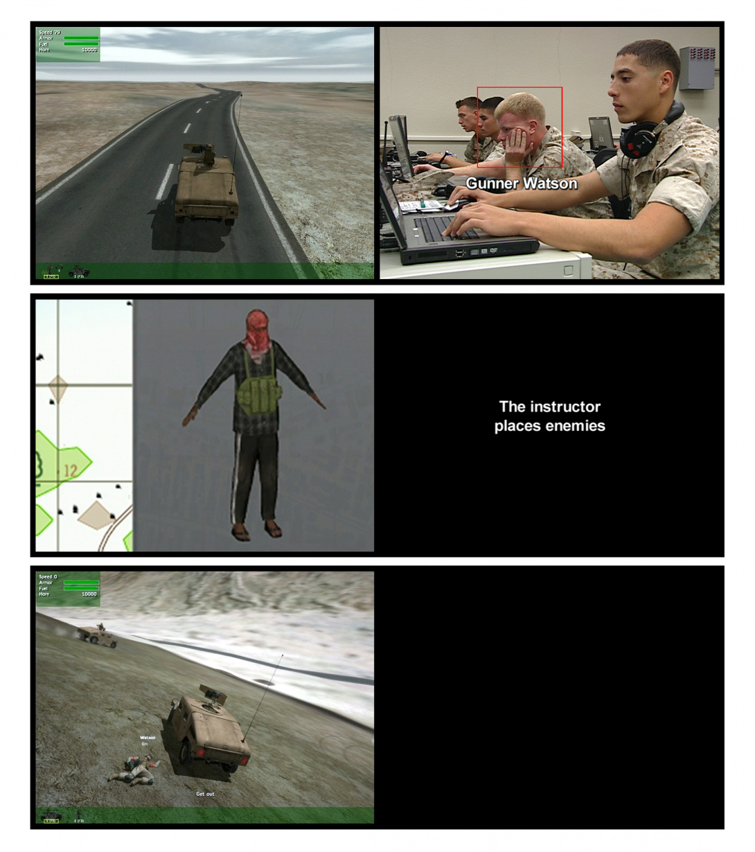 Two columns—one displays video game stills and the photographs of men in fatigues at desks. A video displays images of war: tanks and stereotypical bad guys. The army men study the simulations.