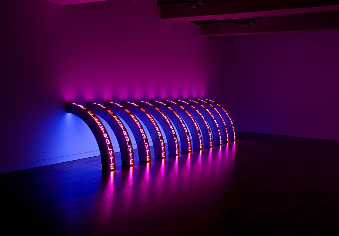 Eleven LED signs are lined up in a row, each sign curved outward from the wall to the floor. The lights bring a blue and purple glow to the dark room housing the installation. The word "ELECTROLYTE" is visible on all eleven signs.
