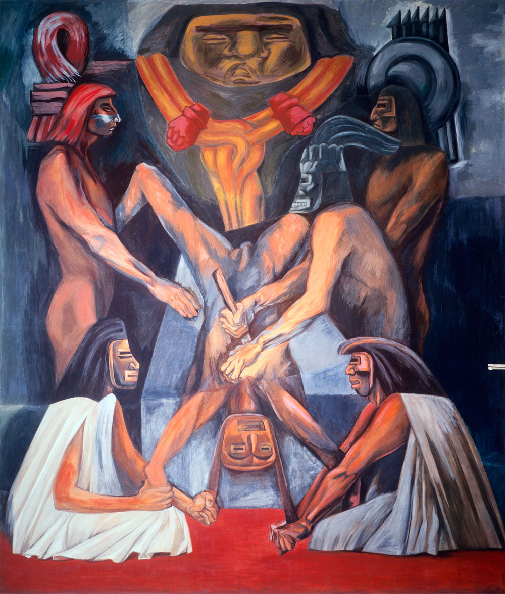 A mural of an upside down man is in the foreground being held down by men. 2 are holding his legs and 2 are holding his arms. Another holds his chest while the other punctures his chest with a thin object. Behind them is a statue-like figure. 