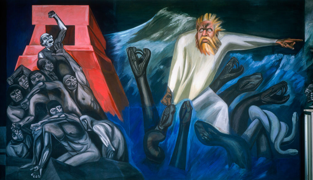 A mural of figures shown distressed with their hands up and yelling as a white man with a blonde beard is pointing to the left with snakes around him. Water surrounds them. There is a red structure in the background, in the shape of the letter "A".