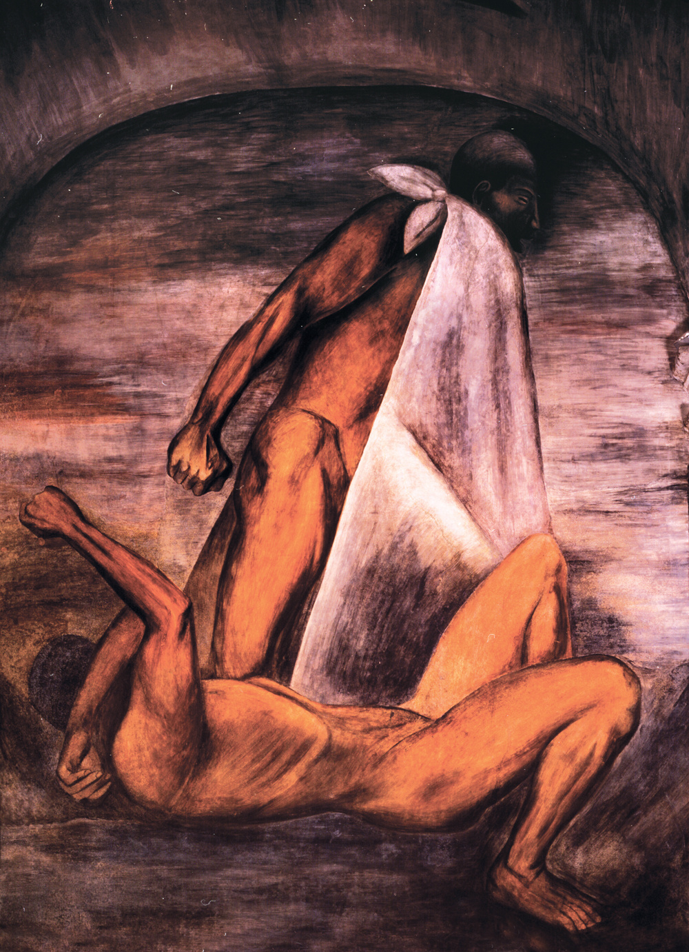A dark pigmented scene of two naked men. A slender man is laying on the floor covering his face with one arm. The other man is behind him standing perpendicular with a long white rag tied to his neck. 