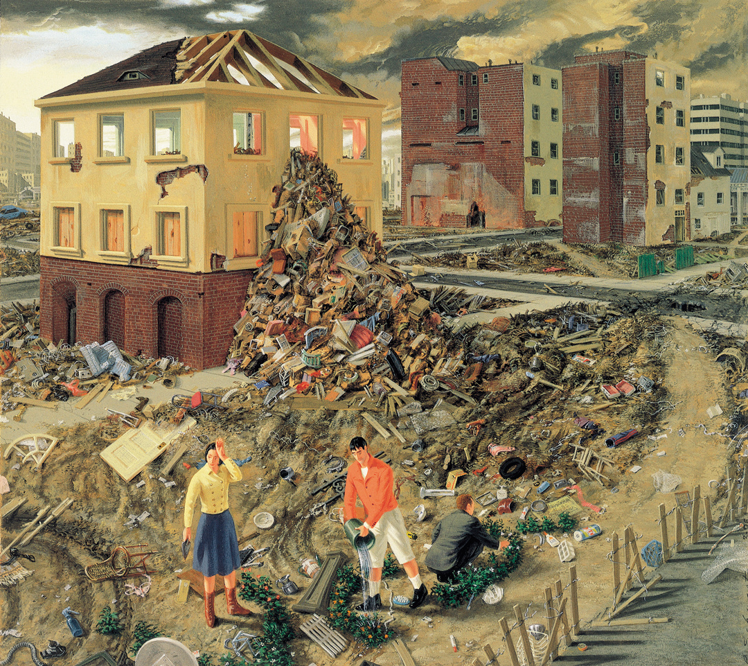A painting of a city that has experienced destruction. The buildings look worn out and there is debris spilling out from structures in the background. In the center, there are people who are gardening and watering the plants.
