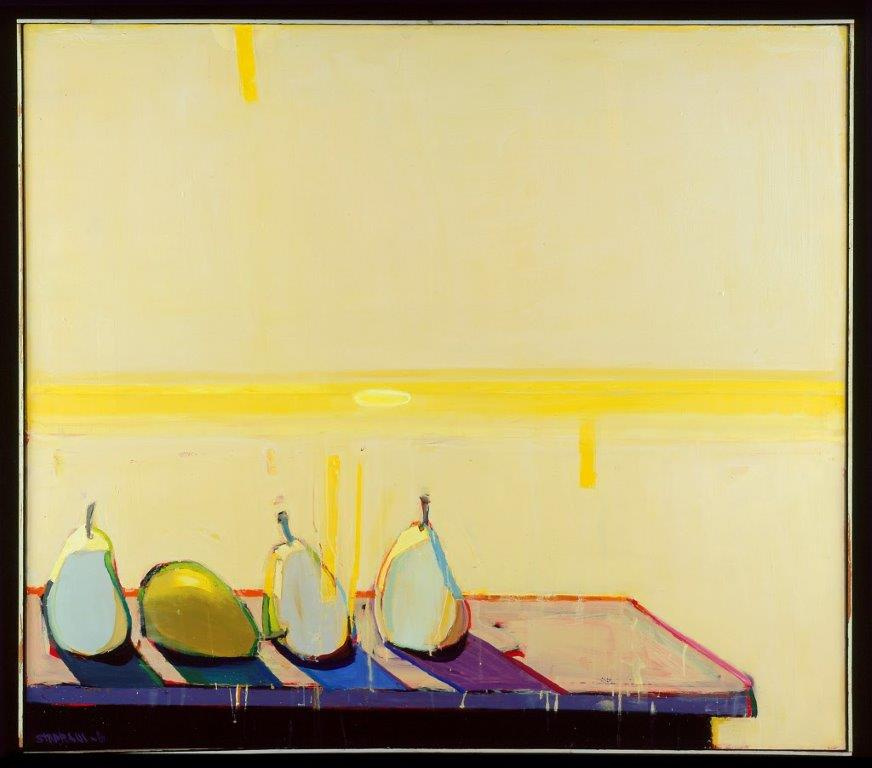 Four yellow pears arranged in a line in the corner—three upright and one in the middle on its side—casting indigo and violet shadows on a flat ledge. The scene is lit by a warm, pale yellow background featuring a bright yellow horizon with a sun.