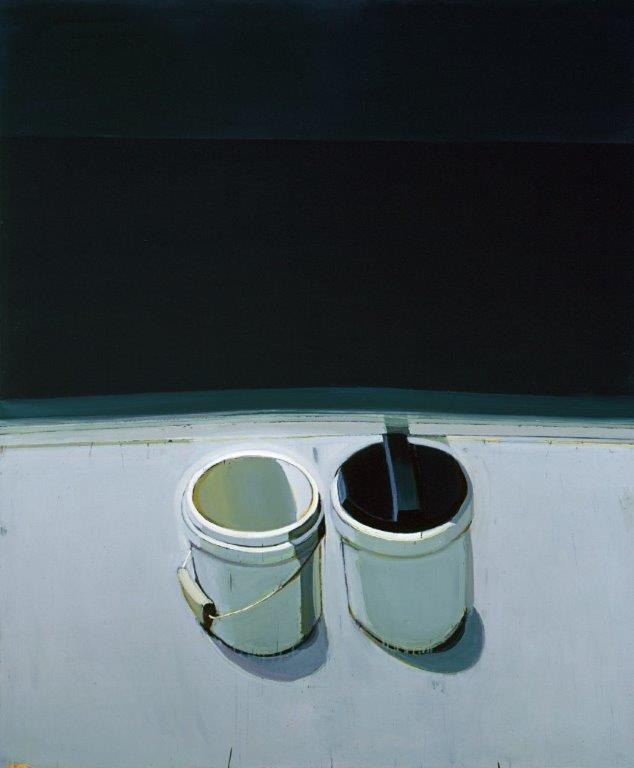 A painting of 2 grey Gesso primer cans on a grey floor next to a black void that fills the upper half of the painting. The can on the left is filled with grey primer with its handle down. The other can is filled with black primer with an upright handle.