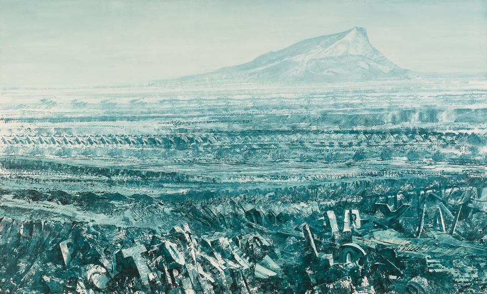 An expanse of broken land with a single mountain peak in the background pointing towards 1 o'clock. Broken block letters are scattered in the foreground. There's a dystopian feel to this image that has green-ish tones.