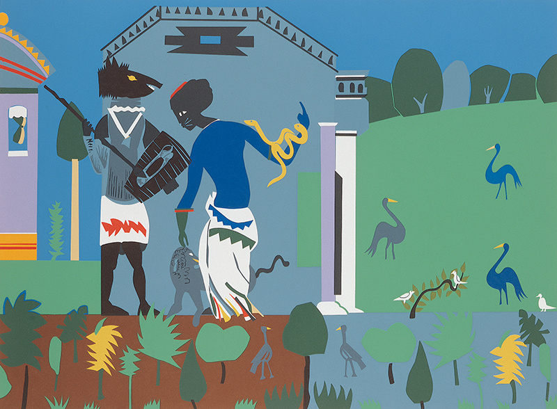 A digital image of two human figures facing each other outdoors with birds nearby. The male has a dog's head and the female a cat's head. She bows demurely. Snakes are wrapped around her arm with an animal at her feet. The male holds a staff and shield.