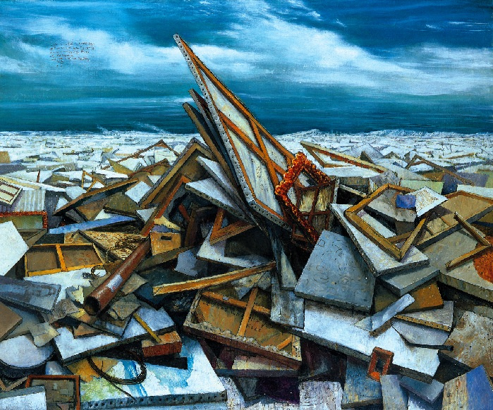 A painting of a massive pile of abandoned and broken canvases heaped upon each other that extends almost to the horizon that hints an ocean. Above the piled canvases is a blue sky with ominous white clouds. In the very far distance are black specks resembling a flock of flying birds.