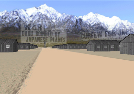 A projection of metal farm-like structures in the dirt, against the mountains. Superimposed them are newspaper headings that read, "War Oahu Bombed By Japanese Planes" and "Curfew." It appears to be an incarceration camp.