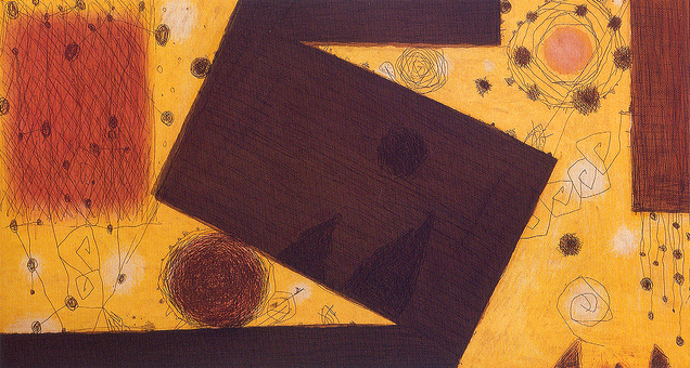 A brown, dark orange, and yellow art piece with sketched circles of different colors and uniquely connected lines and shapes. A shape like an open box appears to be delicately balanced on a circle made of lines.