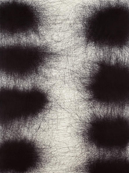Thin lines crisscross across the page delicately. In eight areas the cross-hatching becomes so dense they appear to become chaotic furry black balls. 