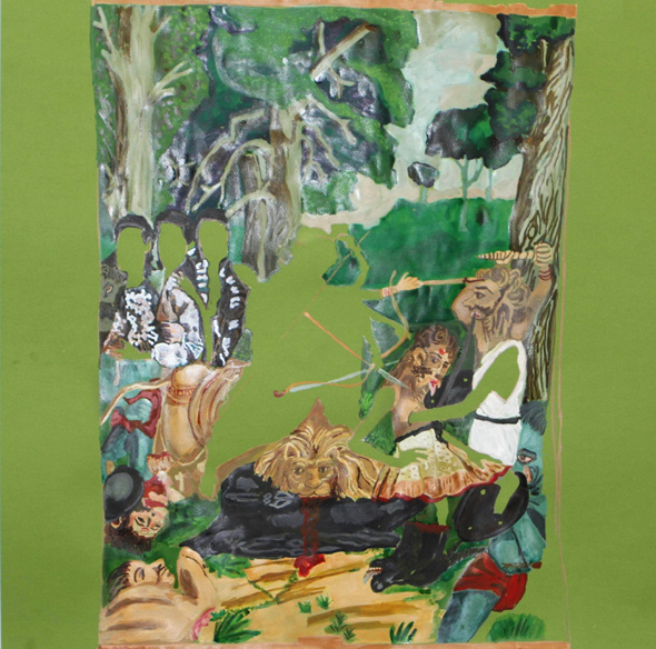 A abstracted painting depicts a hunting scene set against the backdrop of a forest. In parts of the image, fields of rich green fill in the silhouettes of figures and create contrast between more detailed depictions of animals and human figures. 