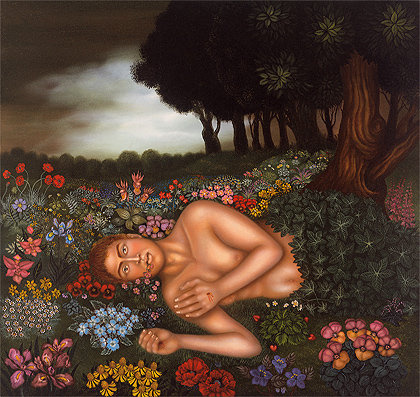 A nude figure lies in a field of flowers, vines grow slowly around the figure hiding their gender. They face you with eyes wide open. Flowers and petals fall from their slightly gaping mouth, and signs of the stigmata are on their hands. Behind them is a dark forest and a gathering storm.