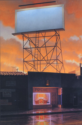 A painting of a blank billboard lit up against a sunset backdrop. Below it, in a strip of darkened buildings, is a small Psychic business, lit up.