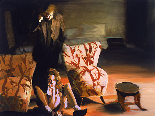 A blurred background with a young girl about the age of 10, wearing a dress who sits with legs splayed in the center of a living room, her head rests on her elbow. A man dressed in a suit is stands over her looking confused and foreboding.