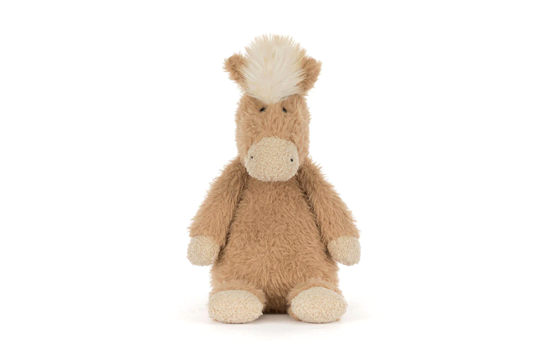 Plush brown toy horse with a fluffy cream mane