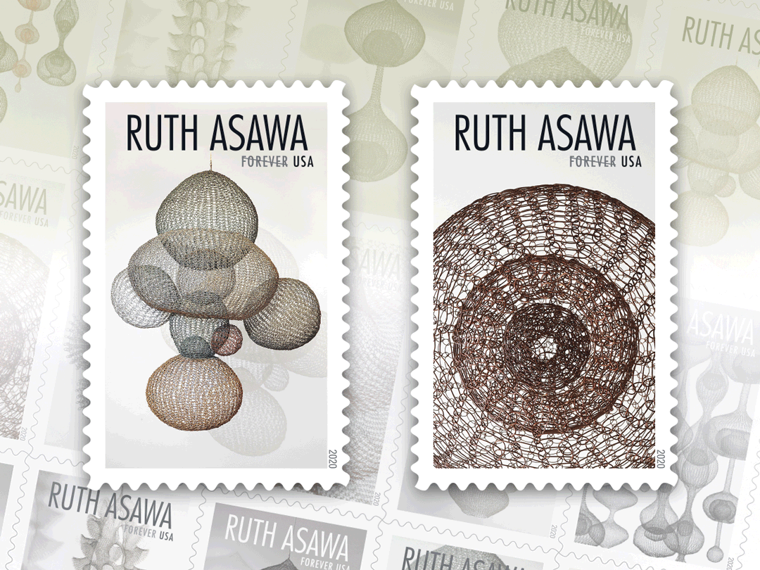 Sample of stamps featuring  Asawa artwork.