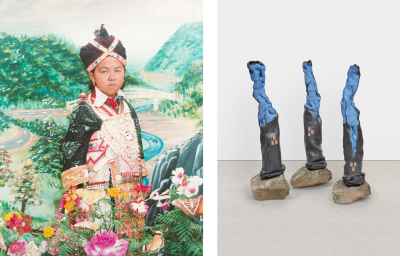 two separate artworks with a hmong girl wearing traditional garb with a landscape backdrop and the other a three-pieced abstract sculpture perched on rocks