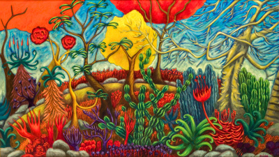 A painting of a garden with trees, flowers, succulents, cacti, and imaginary plants that reach to the blue sky. The plant shapes and colors are delightfully and playfully unnatural.