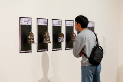 visitor looking intently at an artwork