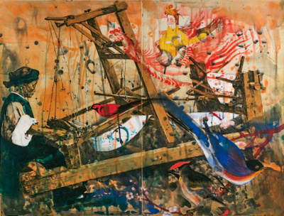 An elderly woman sits weaving at a large wooden loom. To the right, a large blue bird stands near the loom, while a smaller bird with bright red head feathers perches closer to the woman. A third red bird perches on the loom facing the weaver. In the upper right, a floating figure wearing a flowing yellow robe and bird-shaped hat rides a large red rooster against an ochre and orange background with drips and washes.