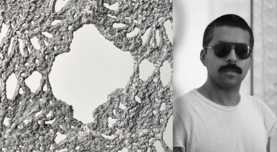 metal crochet pattern and a headshot of a latinx man wearing aviator sunglasses