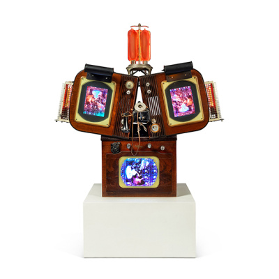 sculpture with vintage television sets