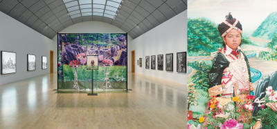 Gallery installation of vivid photographic imagery with a portrait of a young Hmong girl