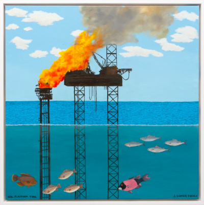 Fish swim underwater while an oil platform burns above water against a blue sky with clouds.