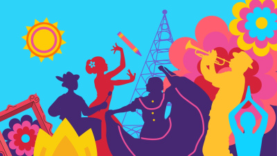 people dancing, playing music with floral motifs and a light tower in the background