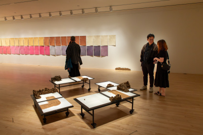 A male and female couple discussing about an art installation in an exhibition