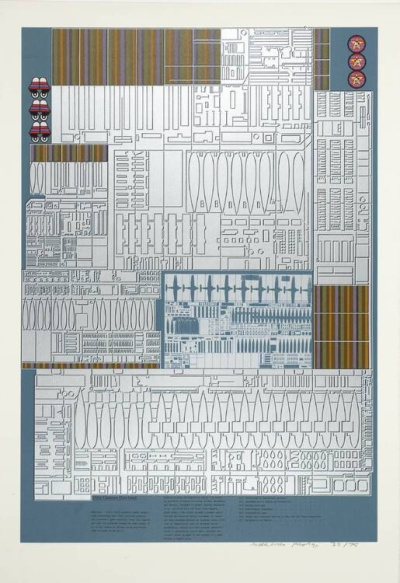 screenprint of a photolitography of a mechanical, technological, and fragmented imagery reflecting Cold War