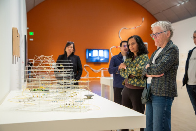 visitor looking intently at an artwork constructed out of resistors
