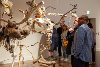 two men looking intently at a sculptural installation of suspended animal bones and branches