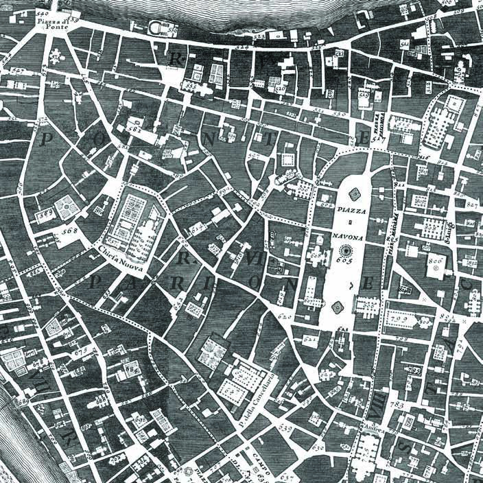 A square black and white drawing of a map, with names that imply it is a map of another country's city. The hand-sketched map details piazzas, buildings, streets and major thoroughfares.