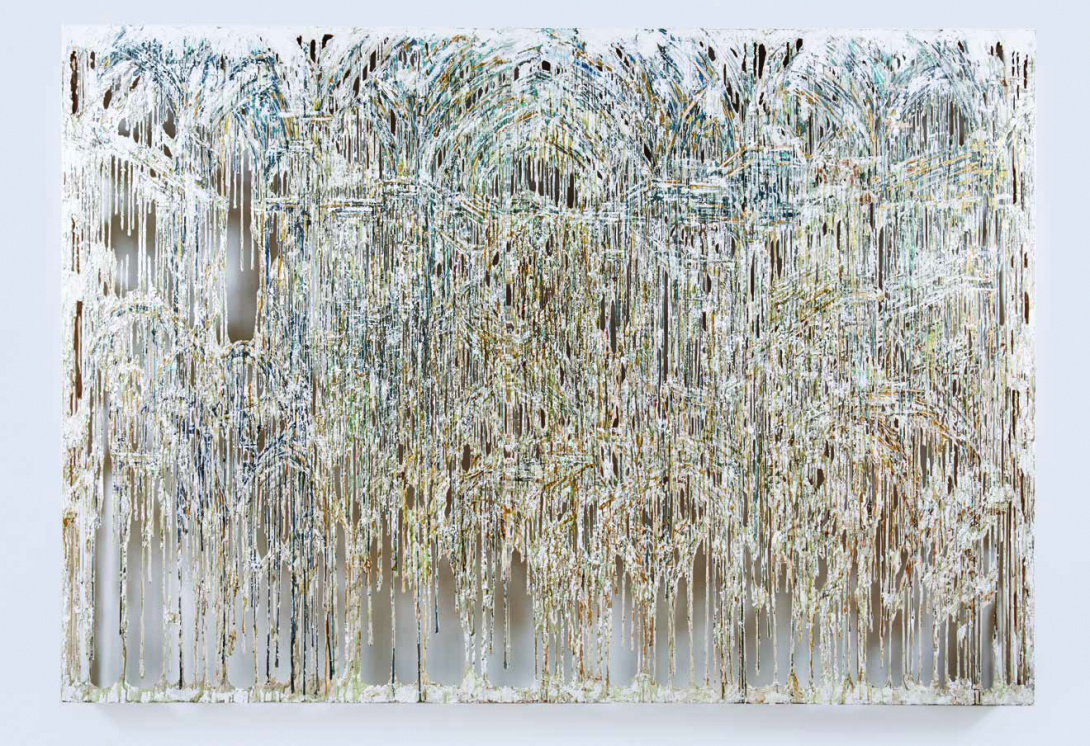 A large canvas filled with delicate and heavy drips. The colors are mostly white with muted pinks, yellows, greens, and blues. At first, it looks like chaotic drips, but looking further, cathedral-like archways appear, with columns in the foreground and background. 