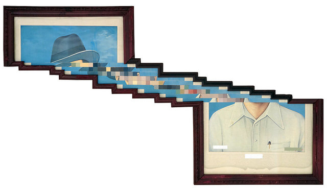 The subject's blue fedora is visible in the top half of the framed, painted portrait. His green button-up shirt—with a pen poking out of the pocket—is visible in the bottom half. His pixelated face stretches diagonally connecting the two halves.