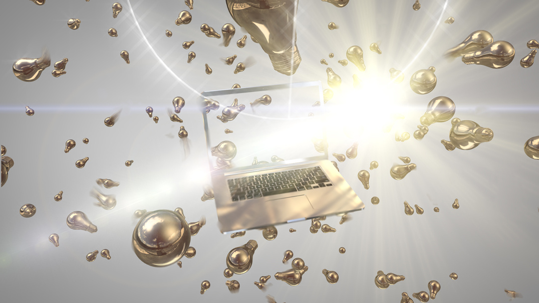 A digitally-rendered Apple laptop missing its screen is suspended in the center of a grayscale backdrop, slightly askew. Several dozen liquid gold light bulbs float at various distances. A bright lens flare shines in the upper right quadrant of the image.