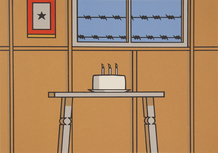 A painting of a white birthday cake with 3 candles on a table. The table and cake are in front of a wall with a window. To the left of the window, there is a red framed picture of a black star. Outside the window are 2 rows of barbed wire.