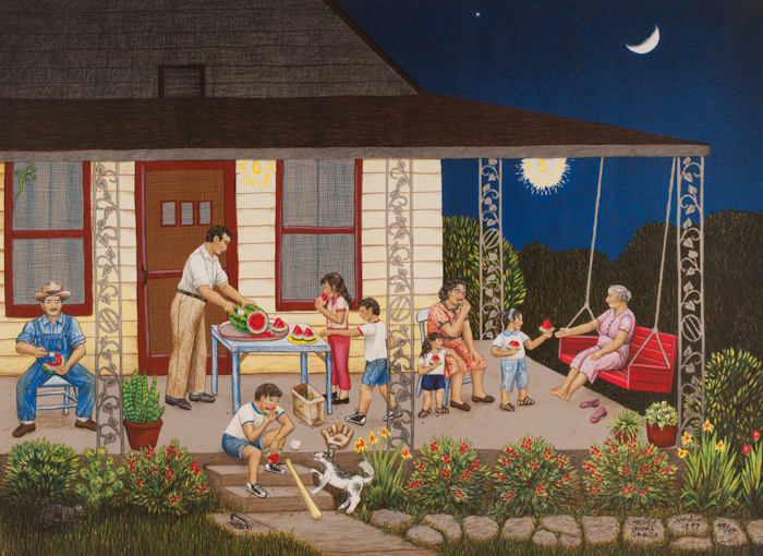 A multigenerational family enjoys watermelon in the evening under the moon and stars. The family spread out on a large porch, on a red swing chair, on steps, on other chairs. They all enjoy the fruit—actively eating, reaching, cutting it, and etc.