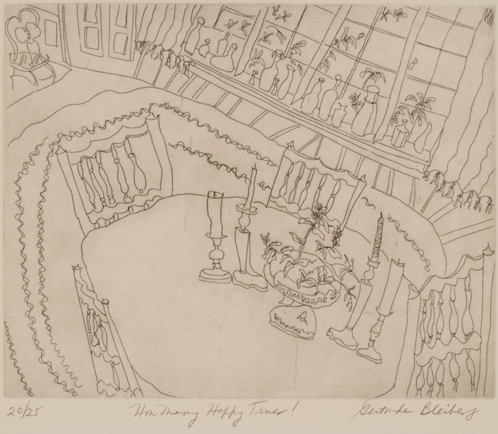 A pencil drawing of a dining room. The perspective is from above. A medium sized table is surrounded by 4 chairs on a rug. There are 4 candles and a centerpiece on the table. A large window in the background has many bottles on the sill.