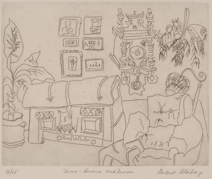 A pencil drawing of a living room, furnished with an armchair with several rips. A large chest sits in center of the room with a wall mounted pendulum clock, 6 pictures hang on the wall. There is a large free standing plant and a hanging plant.
