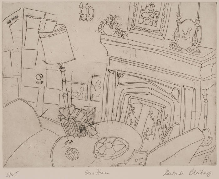A pencil drawing of a room, furnished with a small round table with two chairs and a lamp. A fireplace mantel displays a candle holder, a potted plant, and small portrait. The angle is as though it's drawn from above the room.
