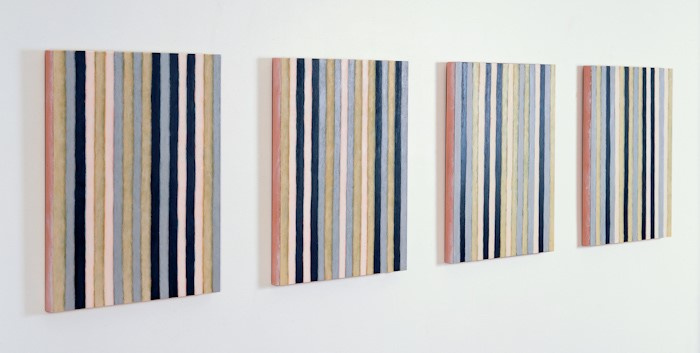 Four panels, each with 18 horizontal lines, equally-spaced and reflecting different solid colors. The colors are mostly pastel and are occasionally repeated but have no obvious pattern.